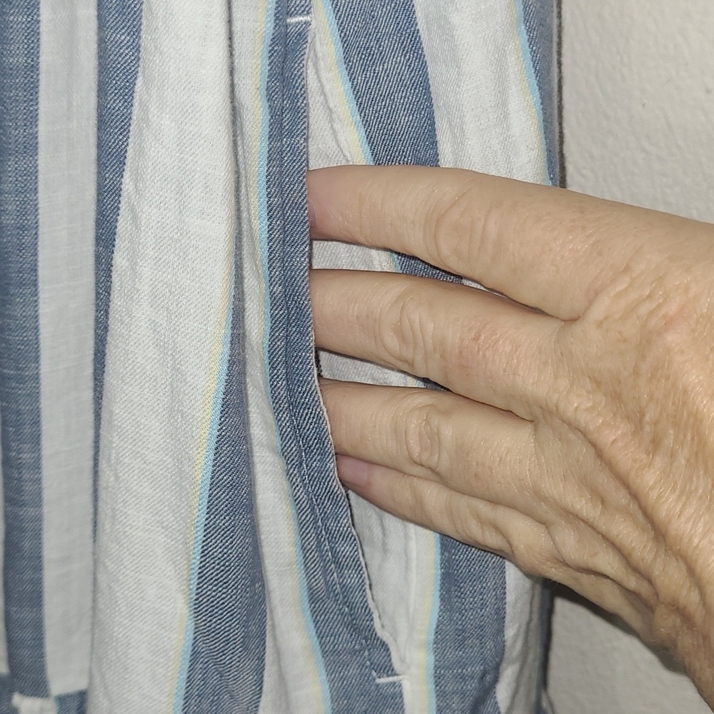Milkmaid House Dress Verticle Striped Midi Shirred Ruffeled Tiered Off Shoulder - Picture 4 of 9